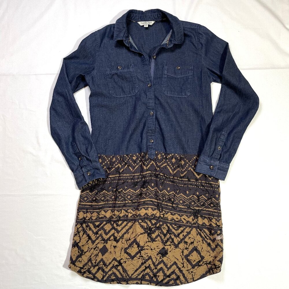 Thursday Island Denim Batik Dress Lightweight Drop Waist Rollup Sleeves Size S